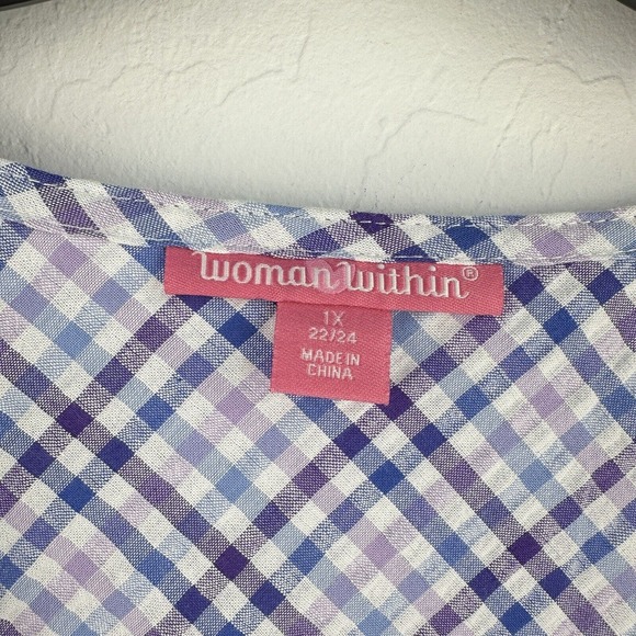 Woman‎ Within Button Up Shirt Womens Short Sleeve Gingham Purple Blue 1X 22/24 - Picture 6 of 10